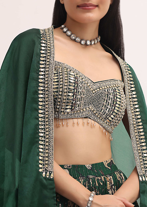 Bottle Green Printed Lehenga With Embroidered Choli Set