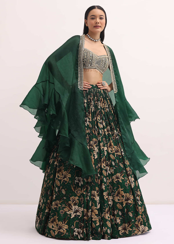 Bottle Green Printed Lehenga With Embroidered Choli Set