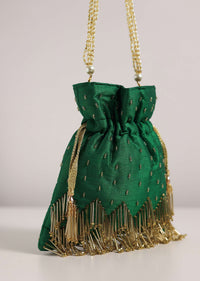 Bottle Green Raw Silk Potli Bag With Handworked Handle