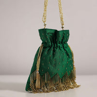 Bottle Green Raw Silk Potli Bag With Handworked Handle