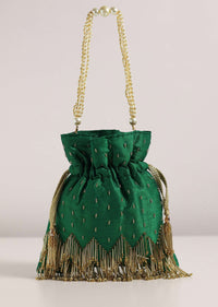 Bottle Green Raw Silk Potli Bag With Handworked Handle