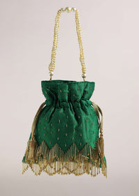Bottle Green Raw Silk Potli Bag With Handworked Handle