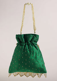 Bottle Green Raw Silk Potli Bag With Handworked Handle