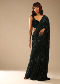 Bottle Green Ready-To-Wear Sequins Saree With Velvet Blouse
