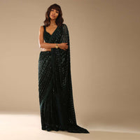 Bottle Green Ready-To-Wear Sequins Saree With Velvet Blouse