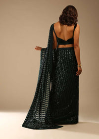 Bottle Green Ready-To-Wear Sequins Saree With Velvet Blouse