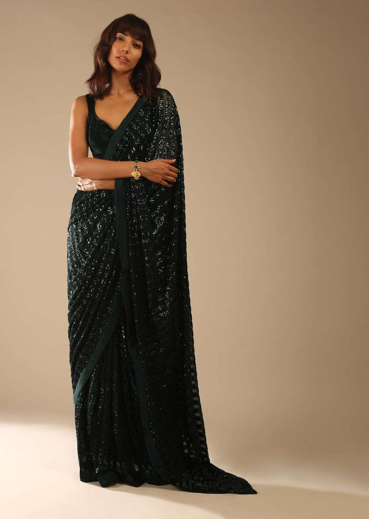 Bottle Green Ready-To-Wear Sequins Saree With Velvet Blouse