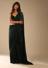Bottle Green Ready-To-Wear Sequins Saree With Velvet Blouse