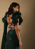 Bottle Green Ready Pleated Saree With A Colorful Hand Embroidered Blouse With Fancy Layered Frill Sleeves