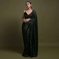 Bottle Green Ready Pleated Saree With Sequins All Over And Velvet Crop Top