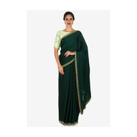 Bottle Green Saree With Mustard Blouse Carved In Heavy Cut Dana Embroidery Work Online - Kalki Fashion