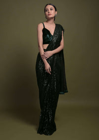 Bottle Green Ready Pleated Saree With Sequins All Over And Velvet Crop Top