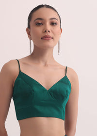 Bottle Green Satin Saree In Cutdana Embroidery With Unstitched Blouse
