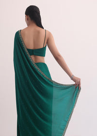 Bottle Green Satin Saree In Cutdana Embroidery With Unstitched Blouse