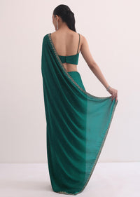 Bottle Green Satin Saree In Cutdana Embroidery With Unstitched Blouse