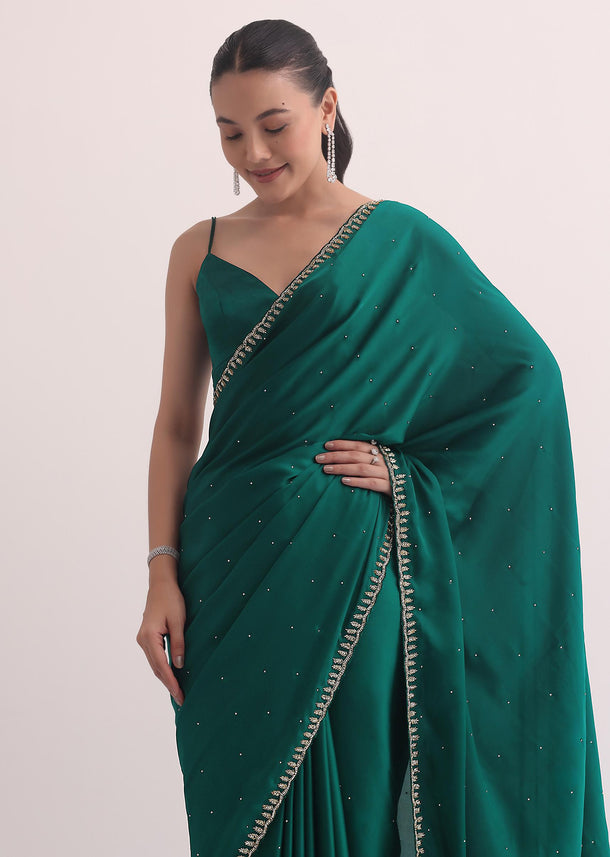 Bottle Green Satin Saree In Cutdana Embroidery With Unstitched Blouse