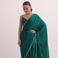 Bottle Green Satin Saree In Cutdana Embroidery With Unstitched Blouse