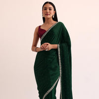 Bottle Green Satin Saree With Cut Dana Embroidery And Unstitched Blouse