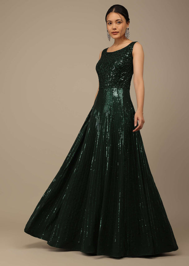 Bottle Green Sequins Embroidered Evening Gown In Georgette With Resham Work