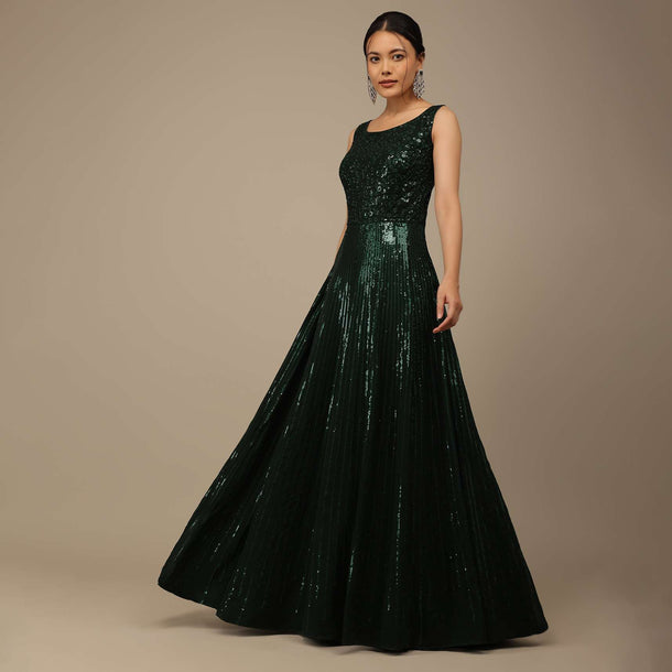 Bottle Green Sequins Embroidered Evening Gown In Georgette With Resham Work