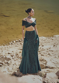 Bottle Green Shoulder Sleeve Blouse With Skirt And Dupatta