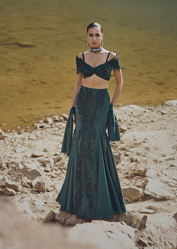 Bottle Green Shoulder Sleeve Blouse With Skirt And Dupatta