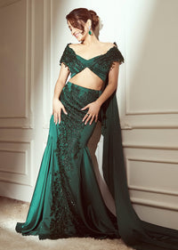 Bottle Green Shoulder Sleeve Blouse With Skirt And Dupatta