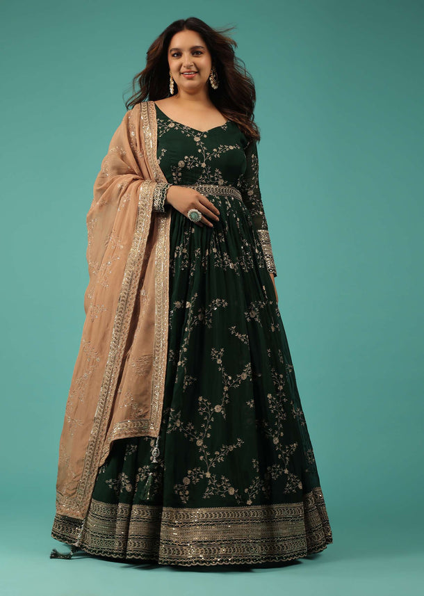 Bottle Green Silk Anarkali Suit With Zari And Sequins Work Along With Embroidered Floral Jaal