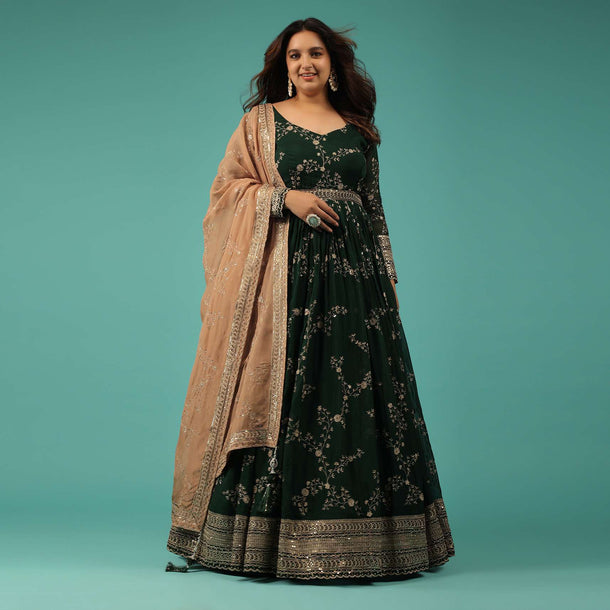 Bottle Green Silk Anarkali Suit With Zari And Sequins Work Along With Embroidered Floral Jaal