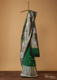 Bottle Green Woven Saree In Pure Katan Silk With Paithani Border Pallu And Unstitched Blouse