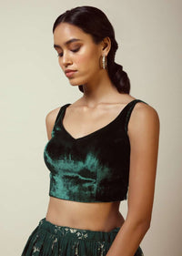 Bottle Green Sleeveless Blouse With Leaf Shaped Neckline