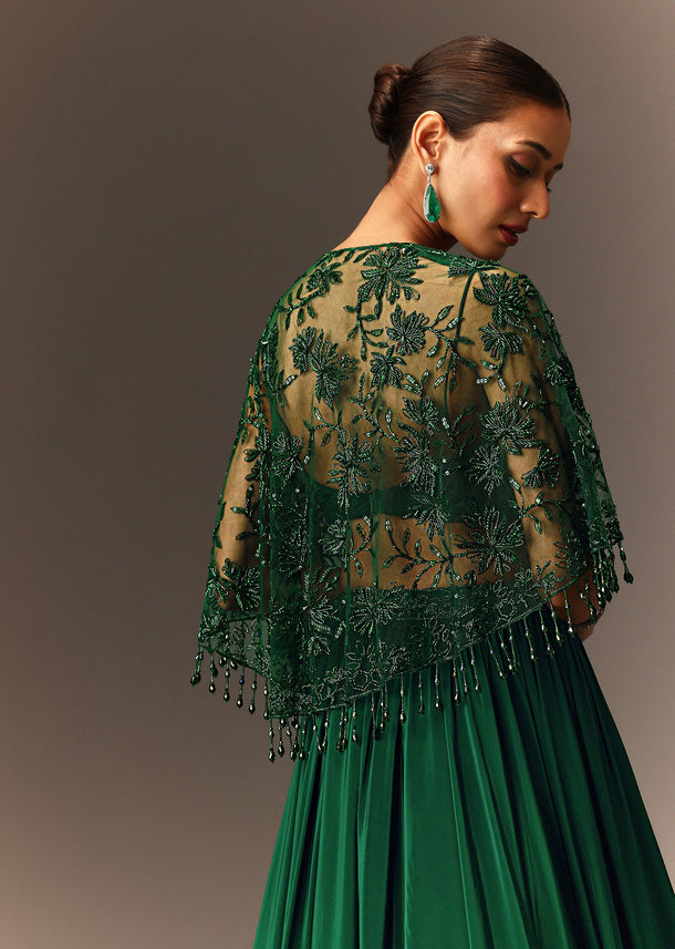 Bottle Green Tiered Lehenga With Net Cape