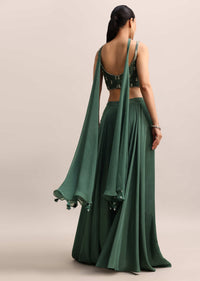 Bottle Green Zari Embroidered Crop Top And Palazzo With Dupatta