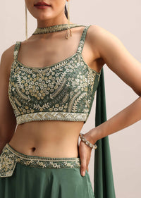 Bottle Green Zari Embroidered Crop Top And Palazzo With Dupatta