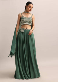 Bottle Green Zari Embroidered Crop Top And Palazzo With Dupatta