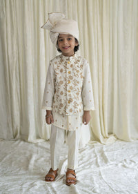 Kalki Boys 3 Pc Cream White Bandhgala Bundi Kurta Set Embroidered