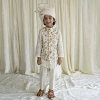 Kalki Boys 3 Pc Cream White Bandhgala Bundi Kurta Set Embroidered