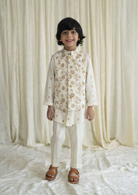 Kalki Boys 3 Pc Cream White Bandhgala Bundi Kurta Set Embroidered