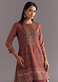 Brick Orange Satin Paisley Print Kurta Sharara Set With Cutdana Neckline