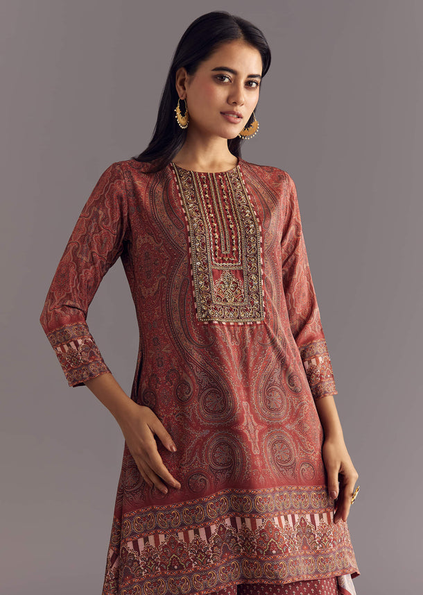 Brick Orange Satin Paisley Print Kurta Sharara Set With Cutdana Neckline