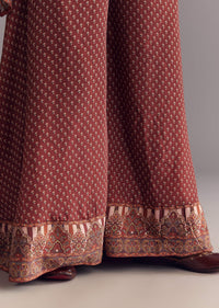 Brick Orange Satin Paisley Print Kurta Sharara Set With Cutdana Neckline