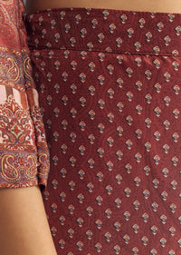Brick Orange Satin Paisley Print Kurta Sharara Set With Cutdana Neckline
