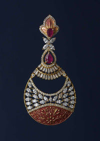 Brick Red Carved Danglers With Crystals And Studded With Magenta Stone Online - Kalki Fashion