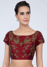 Brick red raw silk blouse with zardosi embroidery in floral and bird motif only on Kalki