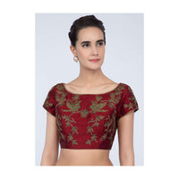 Brick red raw silk blouse with zardosi embroidery in floral and bird motif only on Kalki