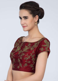 Brick red raw silk blouse with zardosi embroidery in floral and bird motif only on Kalki