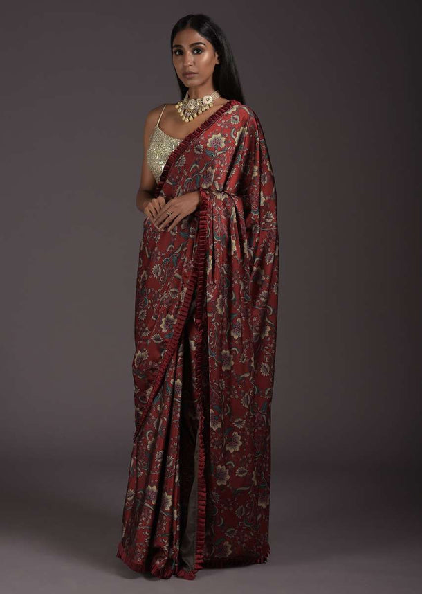 Brick Red Saree In Satin With Floral Print And A Contrasting Cream Sequins Blouse