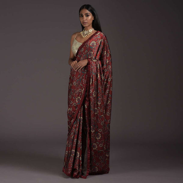 Brick Red Saree In Satin With Floral Print And A Contrasting Cream Sequins Blouse