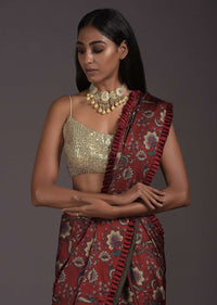 Brick Red Saree In Satin With Floral Print And A Contrasting Cream Sequins Blouse