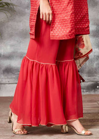 Brick Red Sharara Suit In Brocade Silk With Floral Printed Dupatta